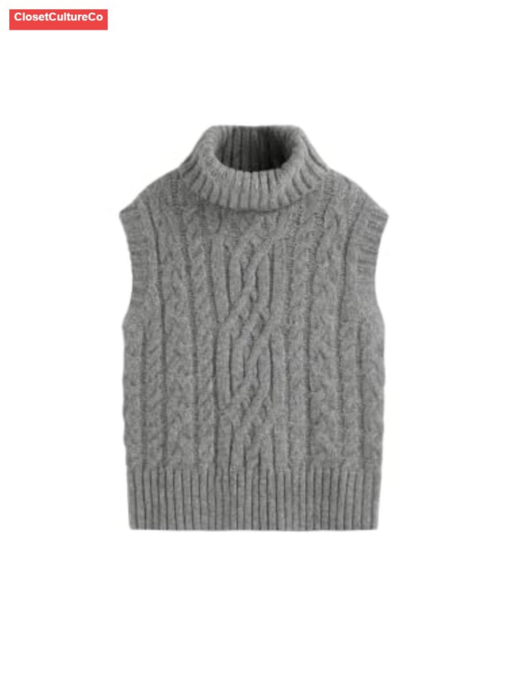 Oversized Turtleneck Wool Blend Cable Knit Sweater Vest Sleeveless